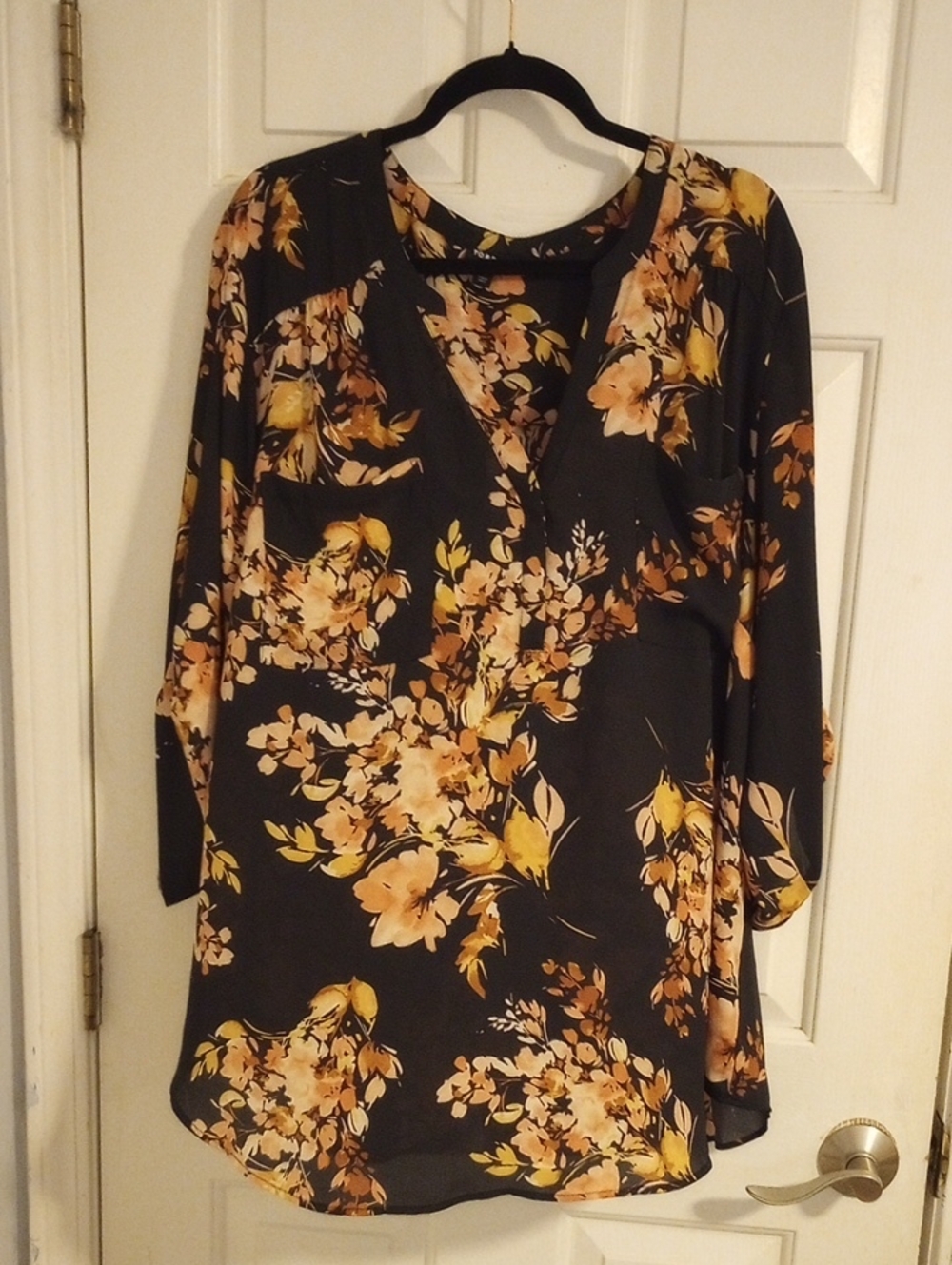 torrid Black Floral V-Neck Blouse with Mustard and Cream Flowers